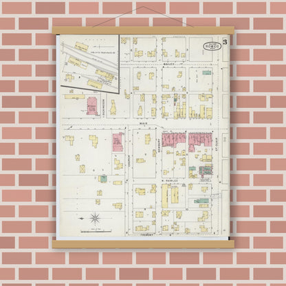 Old map wall art mockup — magnetic wood frame on brick wall — Sanborn Fire Insurance Map from Romeo, Macomb County, Michigan (1895), Sheet #0003