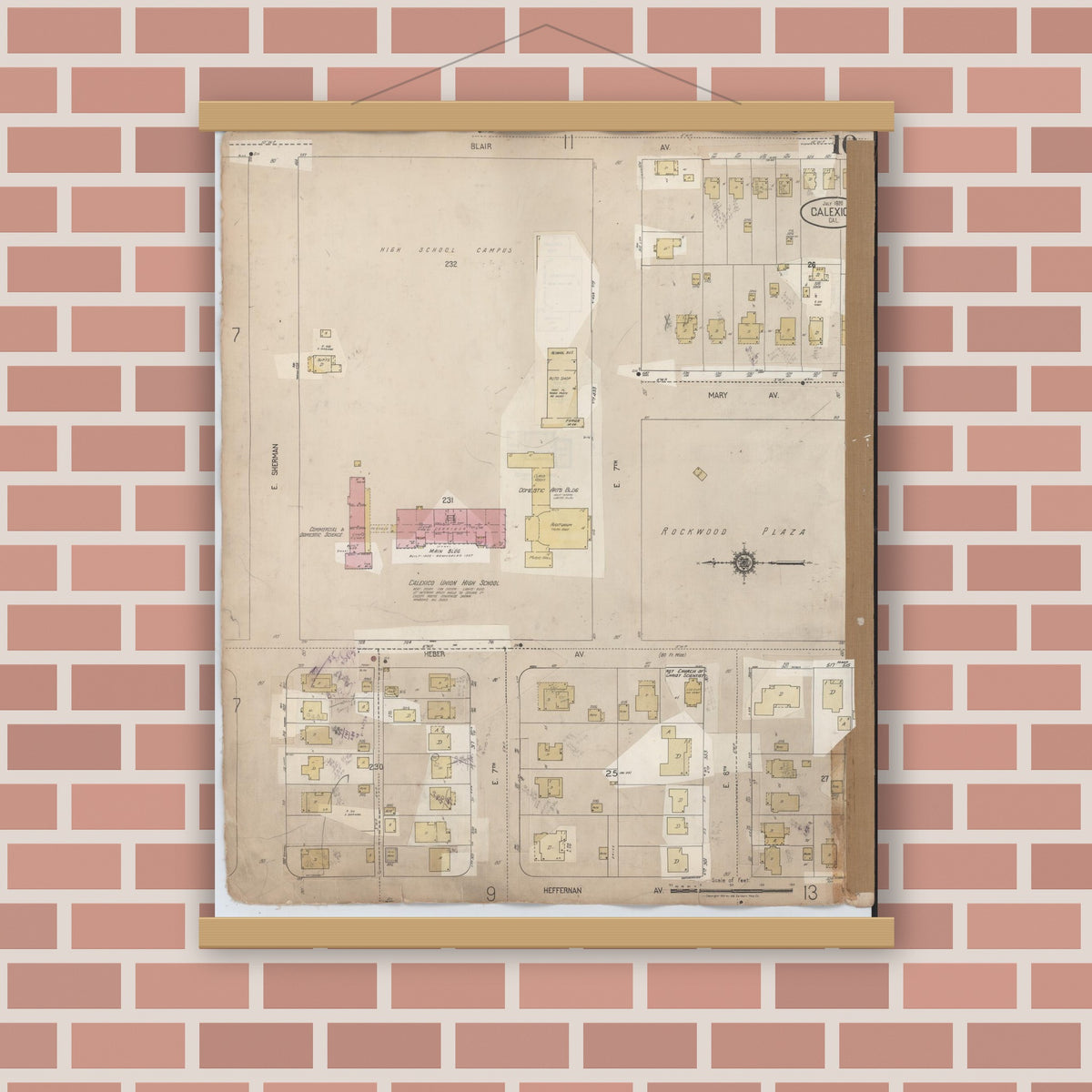 Old map wall art mockup — magnetic wood frame on brick wall — Sanborn Fire Insurance Map from Calexico, Imperial County, California (1956), Sheet #0010