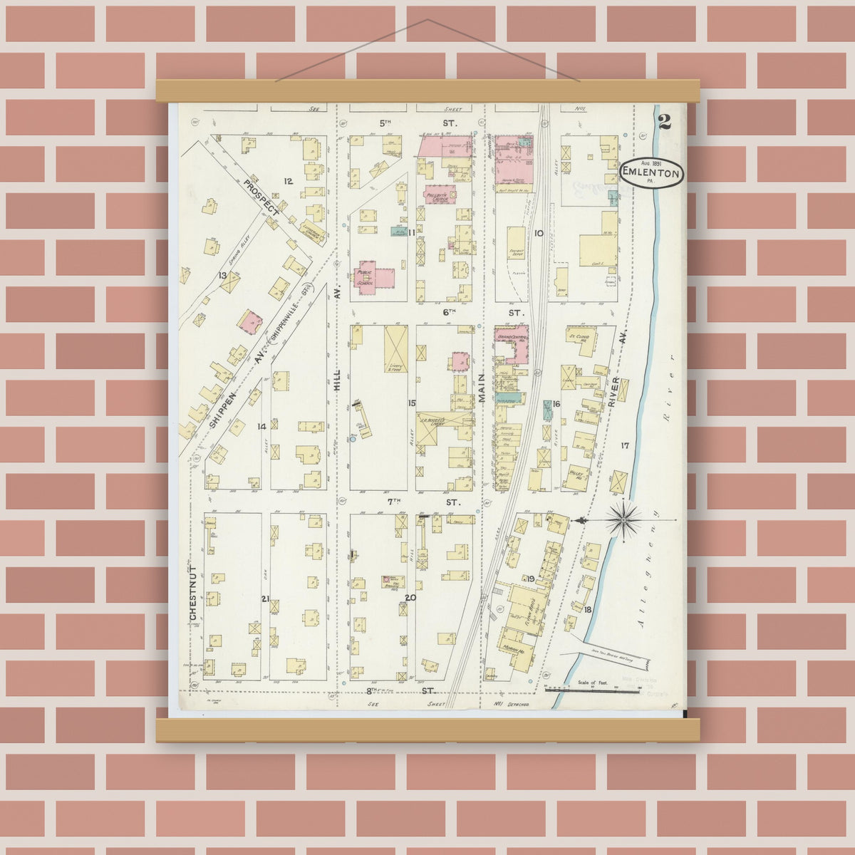 Old map wall art mockup — magnetic wood frame on brick wall — Sanborn Fire Insurance Map from Emlenton, Venango County, Pennsylvania (1891), Sheet #0002