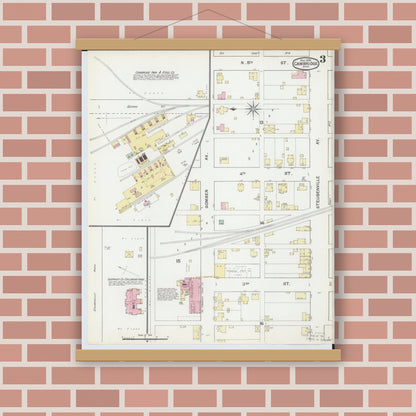 Old map wall art mockup — magnetic wood frame on brick wall — Sanborn Fire Insurance Map from Cambridge, Guernsey County, Ohio (1892), Sheet #0003