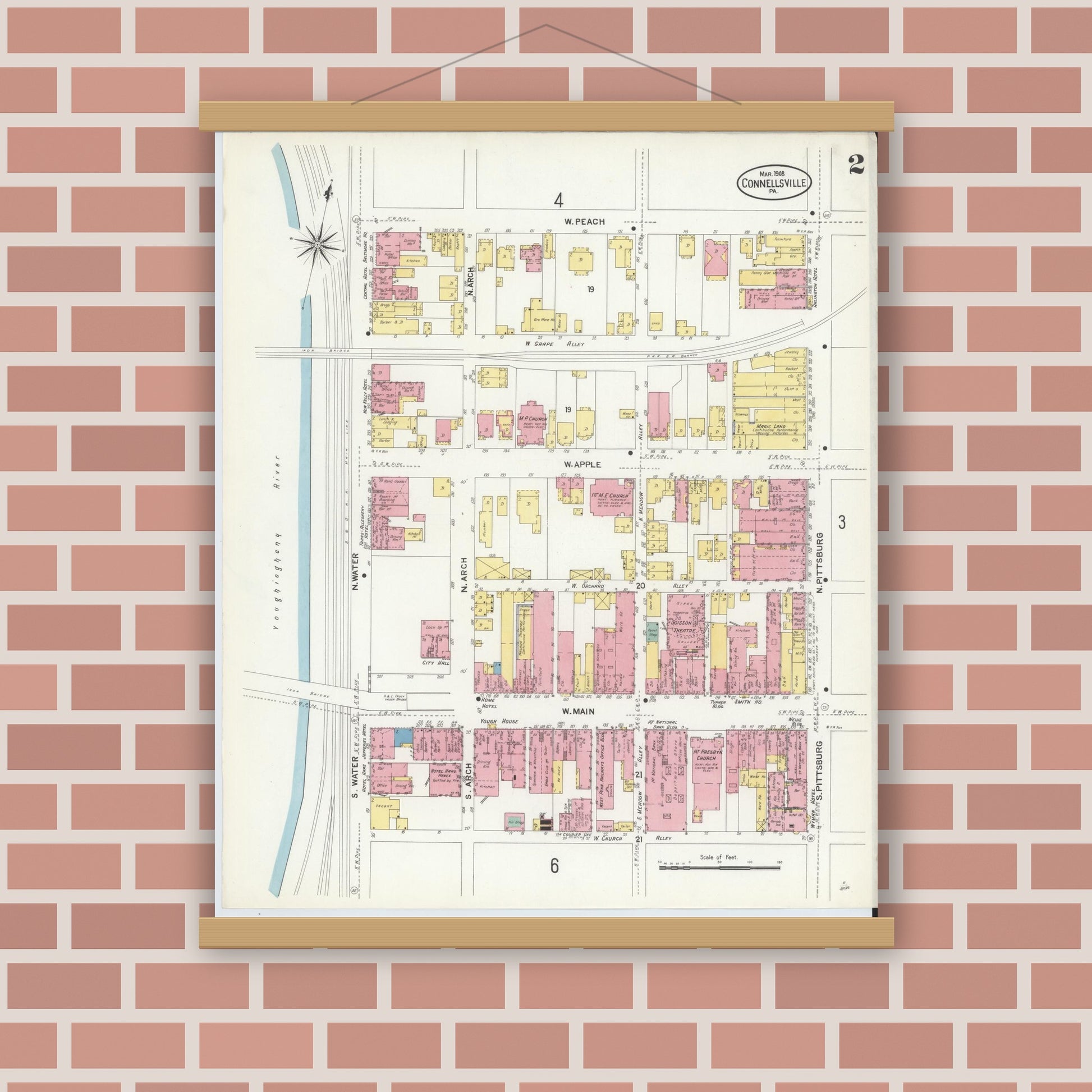 Old map wall art mockup — magnetic wood frame on brick wall — Sanborn Fire Insurance Map from Connellsville, Fayette County, Pennsylvania (1908), Sheet #0002