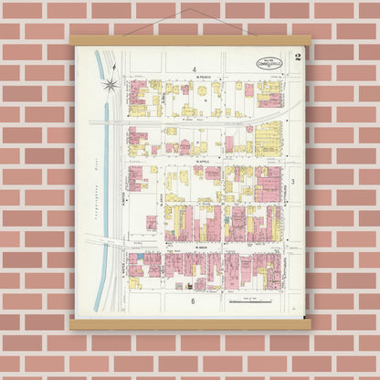 Old map wall art mockup — magnetic wood frame on brick wall — Sanborn Fire Insurance Map from Connellsville, Fayette County, Pennsylvania (1908), Sheet #0002