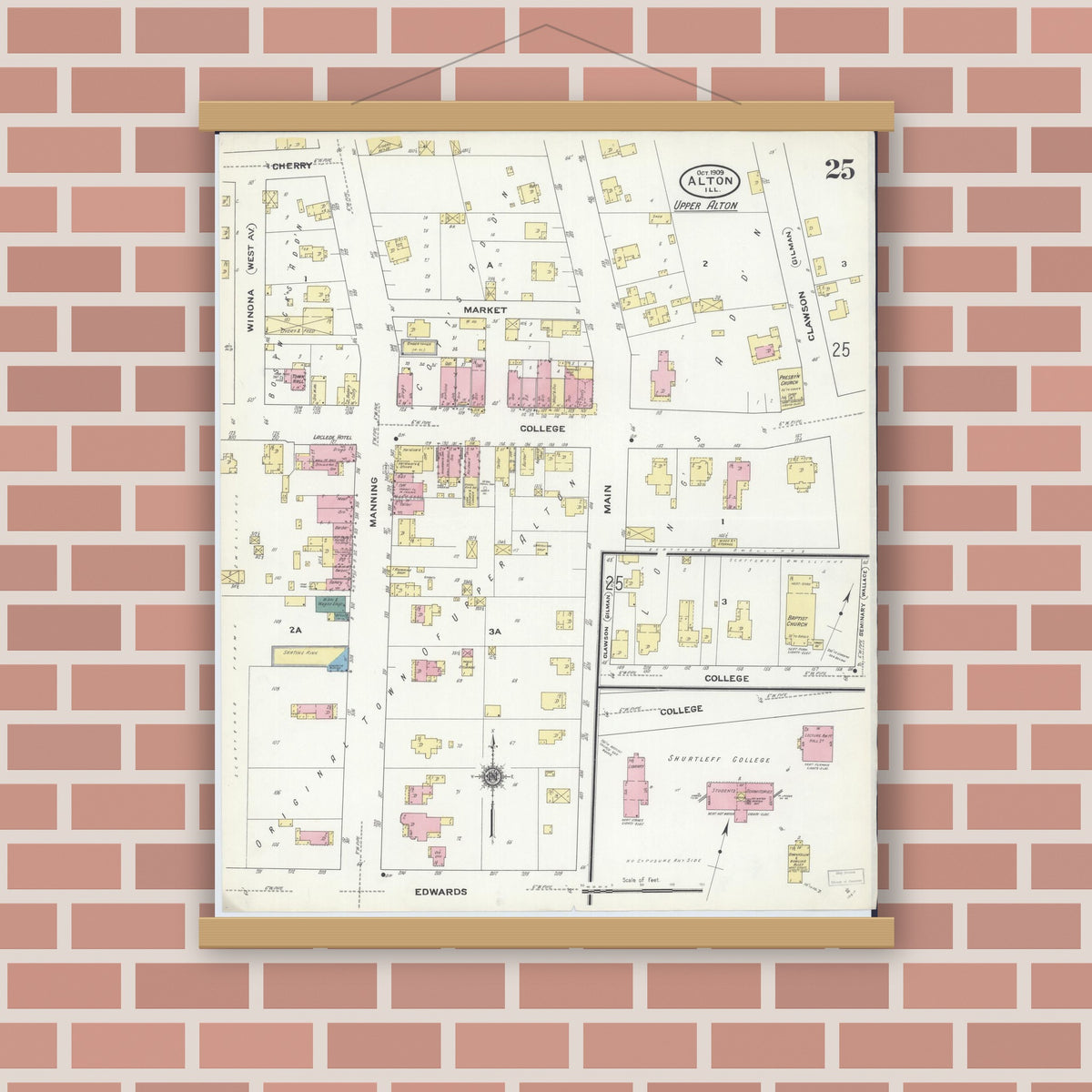 Old map wall art mockup — magnetic wood frame on brick wall — Sanborn Fire Insurance Map from Alton, Madison County, Illinois (1909), Sheet #0025