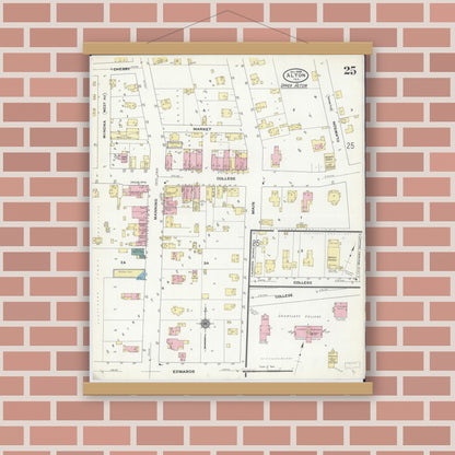 Old map wall art mockup — magnetic wood frame on brick wall — Sanborn Fire Insurance Map from Alton, Madison County, Illinois (1909), Sheet #0025