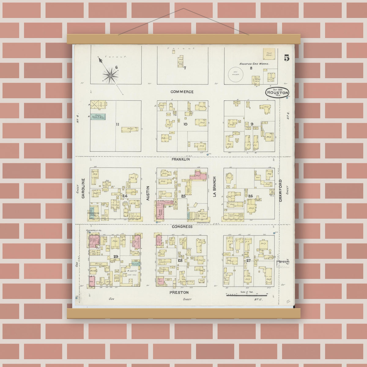 Old map wall art mockup — magnetic wood frame on brick wall — Sanborn Fire Insurance Map from Houston, Harris County, Texas (1890), Sheet #0005