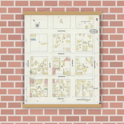 Old map wall art mockup — magnetic wood frame on brick wall — Sanborn Fire Insurance Map from Houston, Harris County, Texas (1890), Sheet #0005