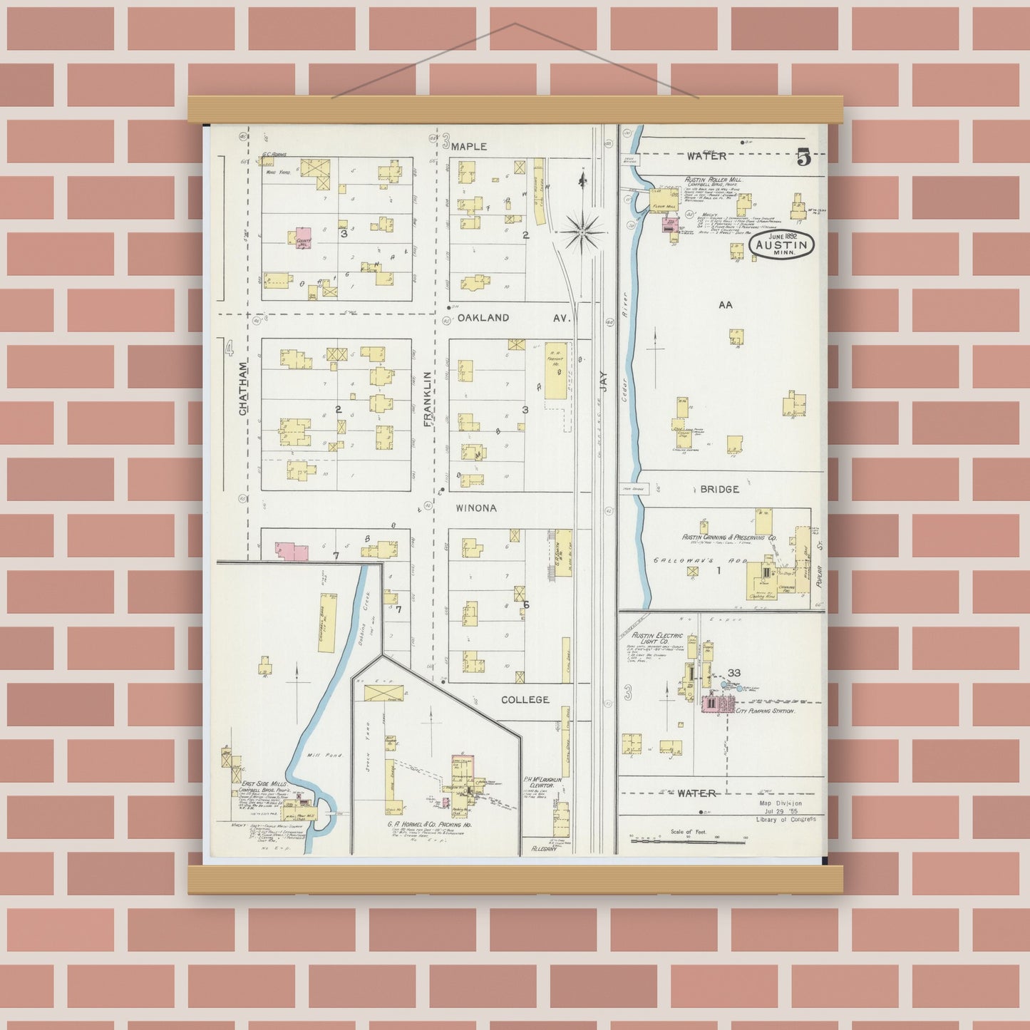 Old map wall art mockup — magnetic wood frame on brick wall — Sanborn Fire Insurance Map from Austin, Mower County, Minnesota (1892), Sheet #0005