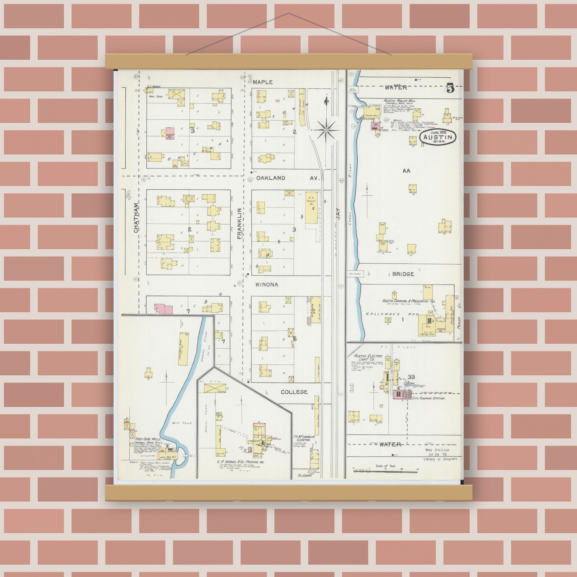 Old map wall art mockup — magnetic wood frame on brick wall — Sanborn Fire Insurance Map from Austin, Mower County, Minnesota (1892), Sheet #0005