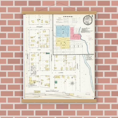 Old map wall art mockup — magnetic wood frame on brick wall — Sanborn Fire Insurance Map from Avoca, Pottawattamie County, Iowa (1893), Sheet #0001