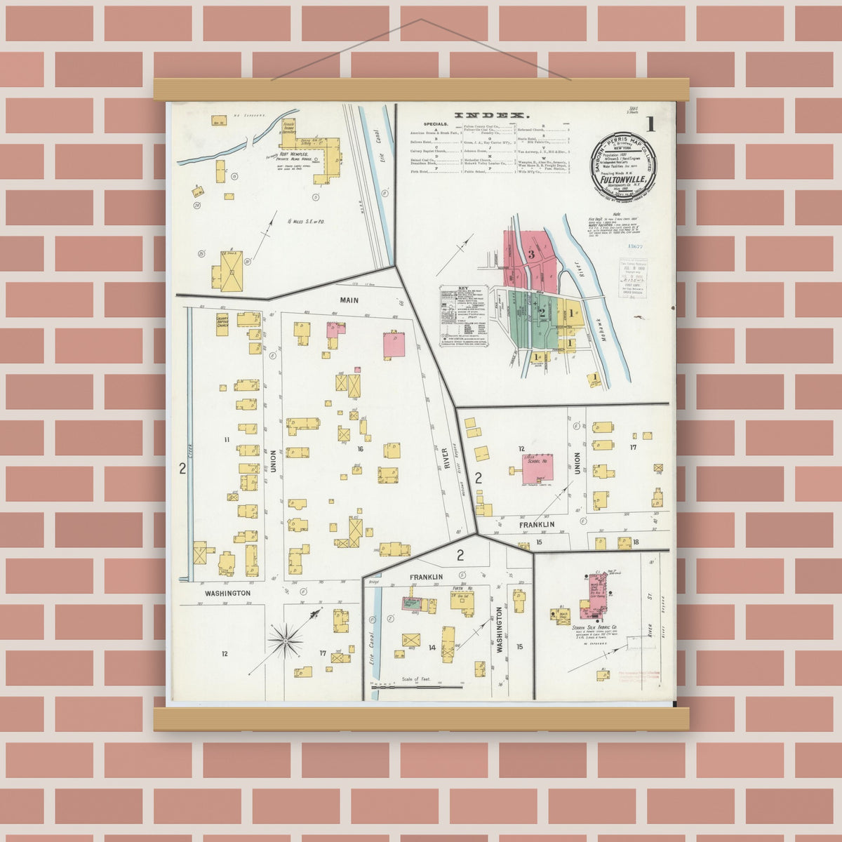 Old map wall art mockup — magnetic wood frame on brick wall — Sanborn Fire Insurance Map from Fultonville, Montgomery County, New York (1900), Sheet #0001