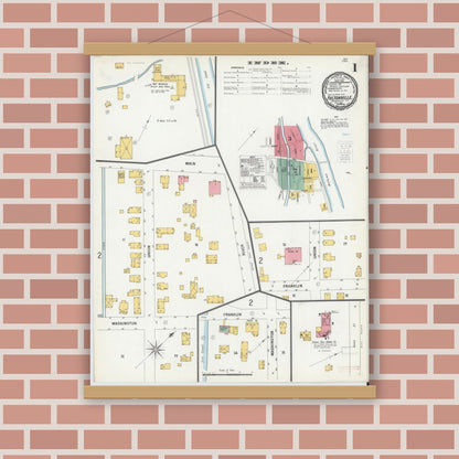 Old map wall art mockup — magnetic wood frame on brick wall — Sanborn Fire Insurance Map from Fultonville, Montgomery County, New York (1900), Sheet #0001