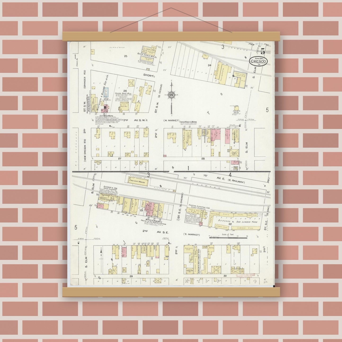 Old map wall art mockup — magnetic wood frame on brick wall — Sanborn Fire Insurance Map from Cresco, Howard County, Iowa (1914), Sheet #0005