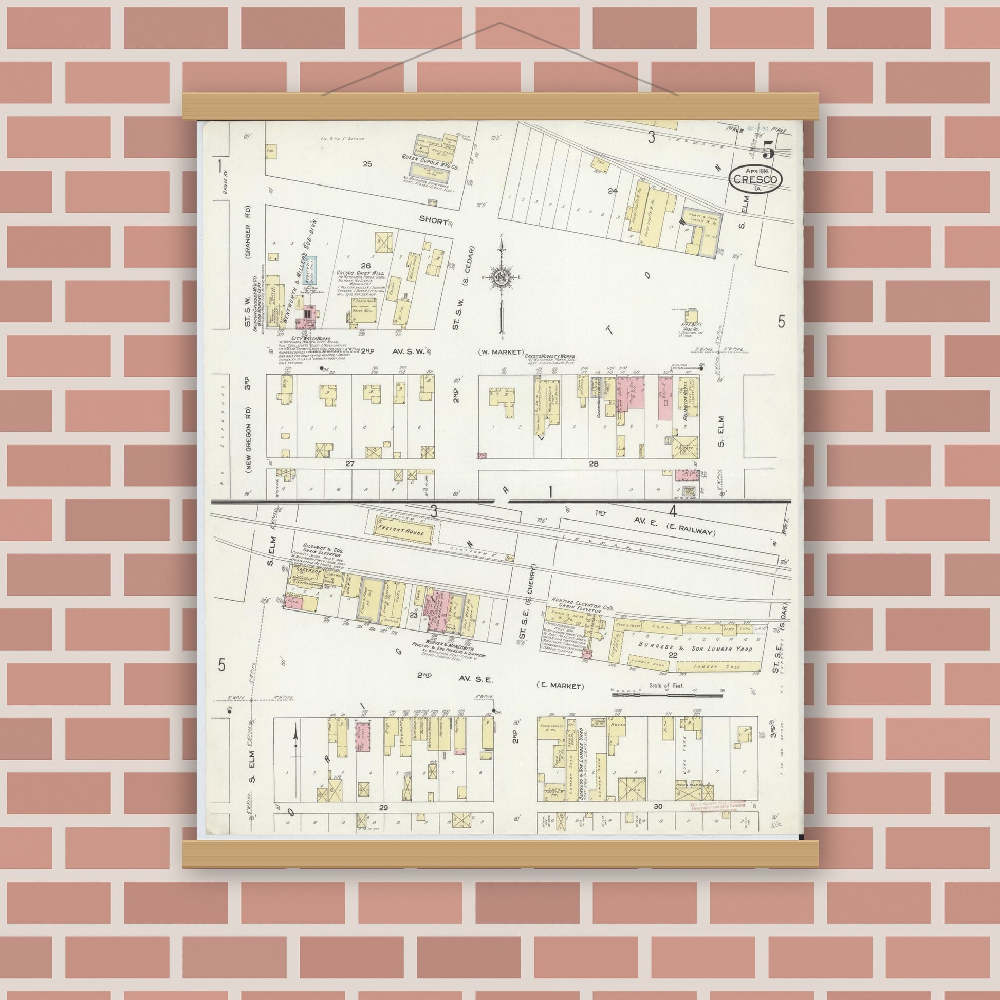 Old map wall art mockup — magnetic wood frame on brick wall — Sanborn Fire Insurance Map from Cresco, Howard County, Iowa (1914), Sheet #0005