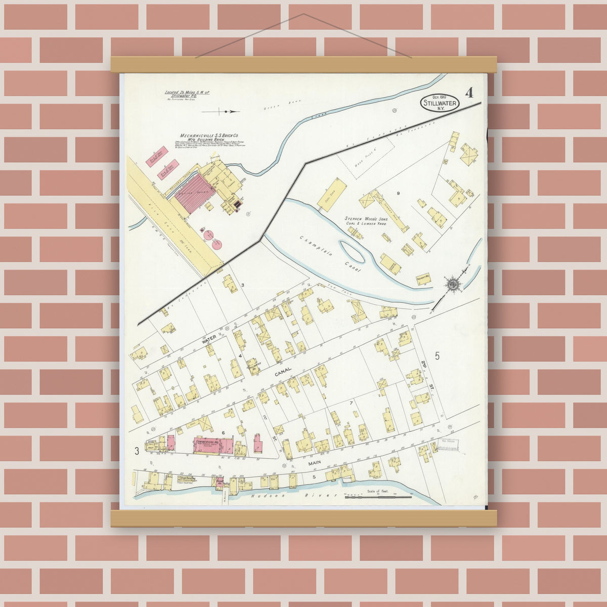 Old map wall art mockup — magnetic wood frame on brick wall — Sanborn Fire Insurance Map from Stillwater, Saratoga County, New York (1910), Sheet #0004