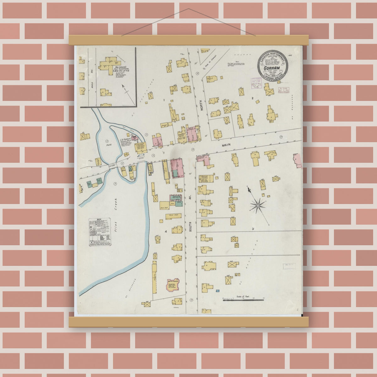 Old map wall art mockup — magnetic wood frame on brick wall — Sanborn Fire Insurance Map from Gorham, Ortario County, New York (1906), Sheet #0001