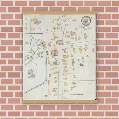 Old map wall art mockup — magnetic wood frame on brick wall — Sanborn Fire Insurance Map from Gorham, Ortario County, New York (1906), Sheet #0001