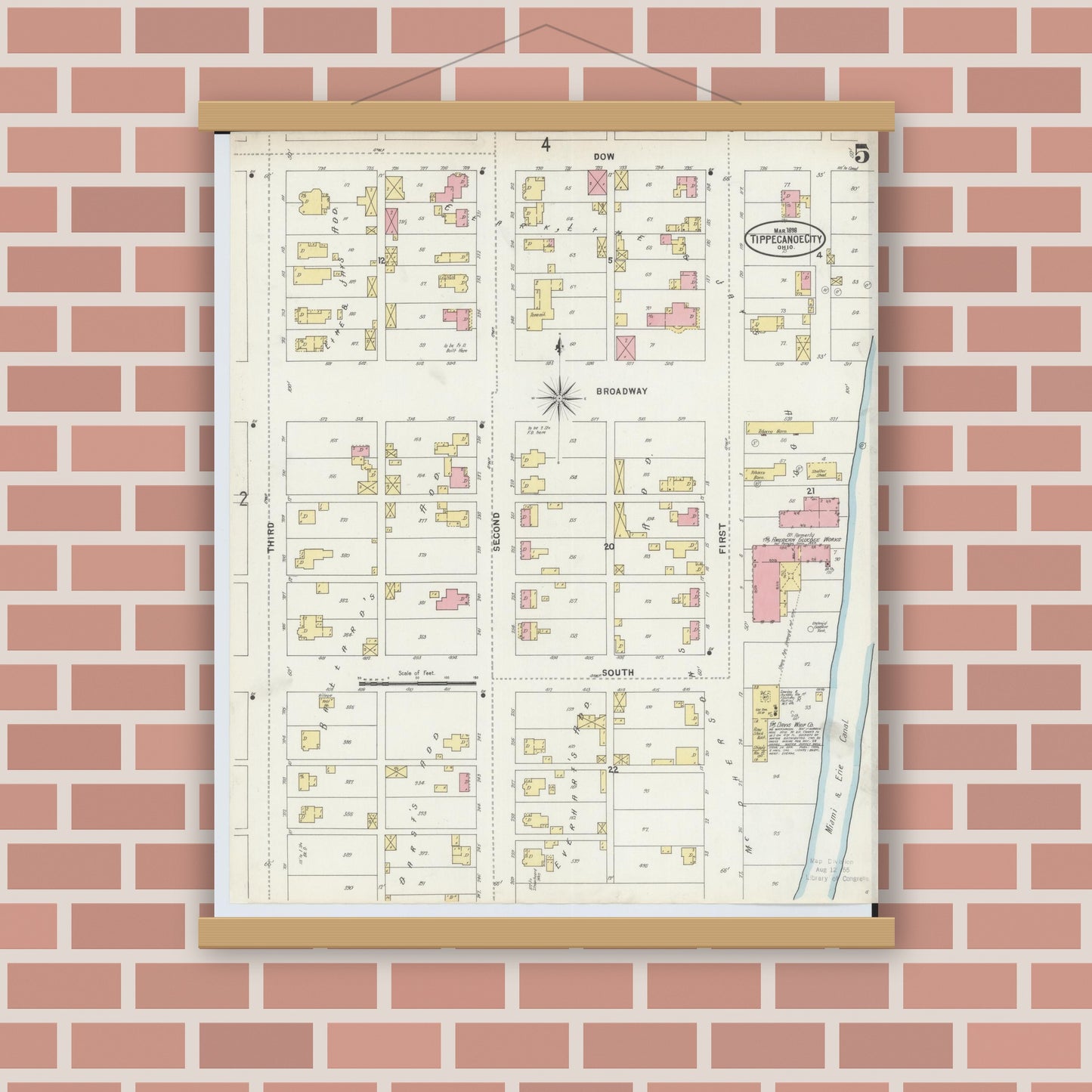 Old map wall art mockup — magnetic wood frame on brick wall — Sanborn Fire Insurance Map from Tipp City, Miami County, Ohio (1898), Sheet #0005