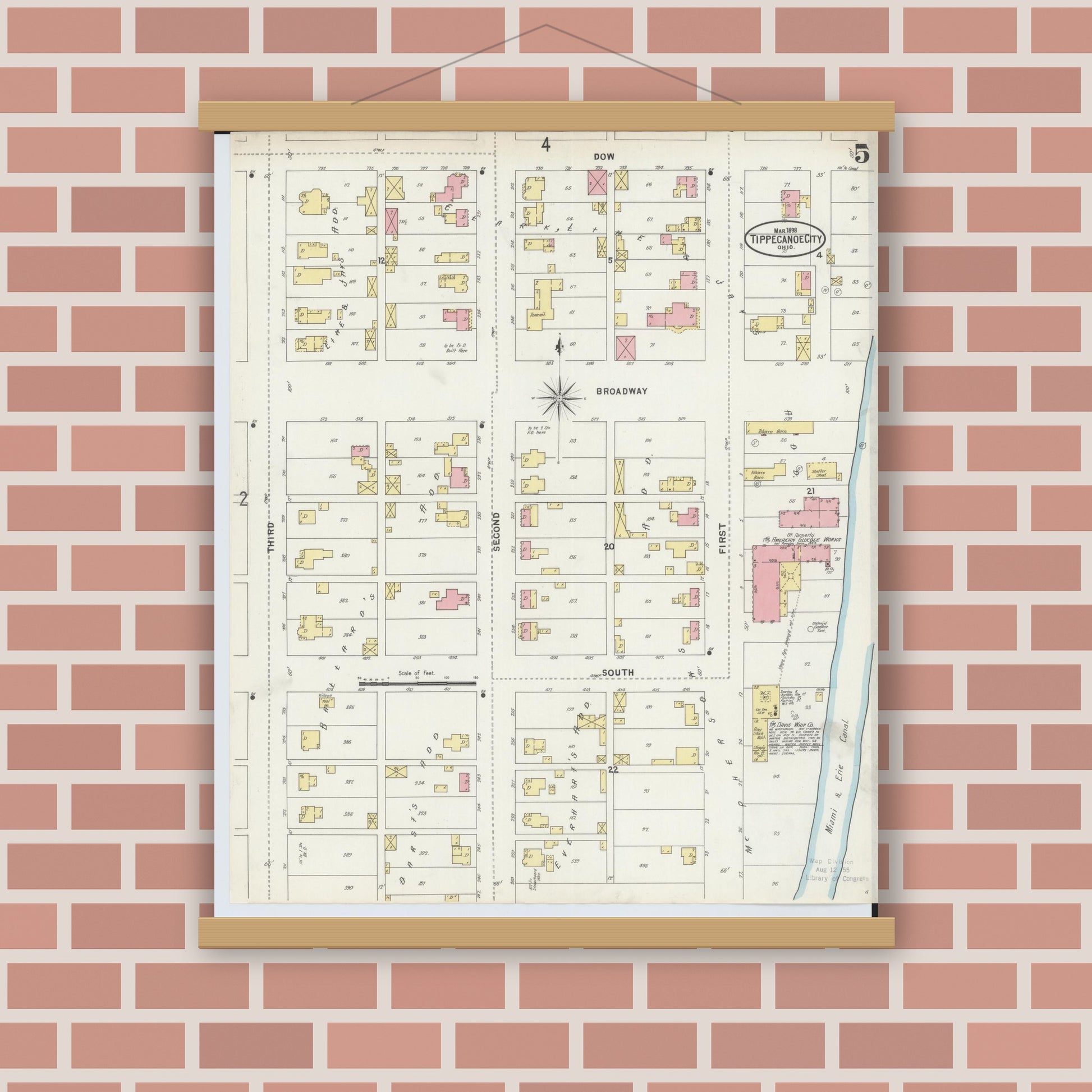 Old map wall art mockup — magnetic wood frame on brick wall — Sanborn Fire Insurance Map from Tipp City, Miami County, Ohio (1898), Sheet #0005