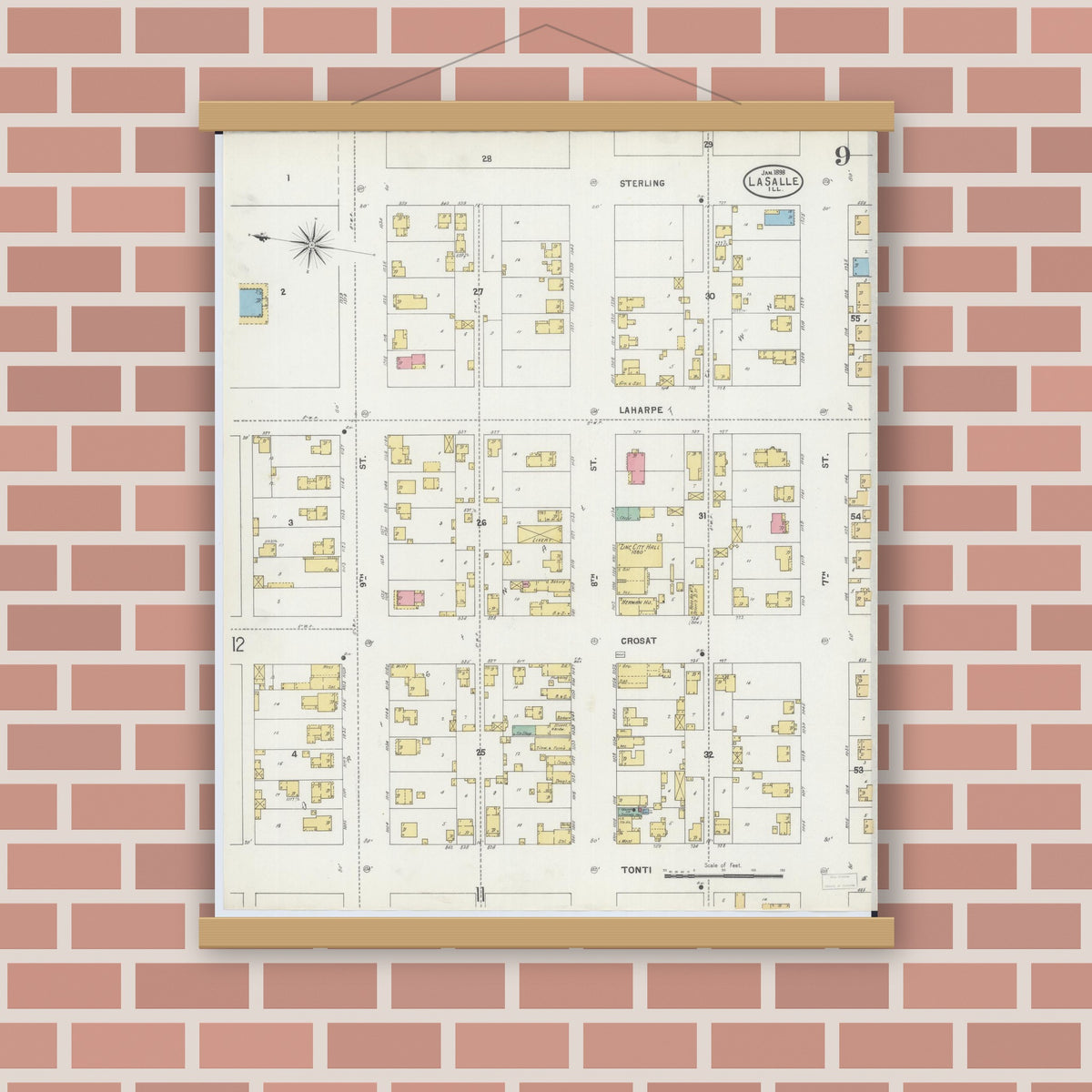 Old map wall art mockup — magnetic wood frame on brick wall — Sanborn Fire Insurance Map from La Salle, La Salle County, Illinois (1898), Sheet #0009
