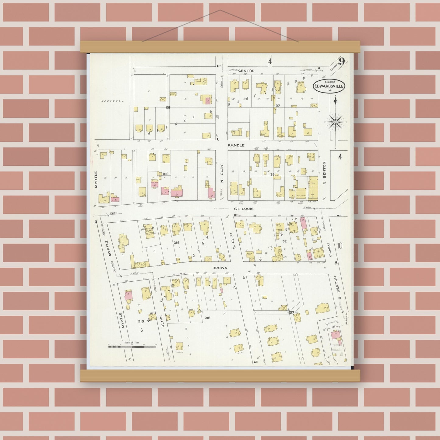 Old map wall art mockup — magnetic wood frame on brick wall — Sanborn Fire Insurance Map from Edwardsville, Madison County, Illinois (1909), Sheet #0009
