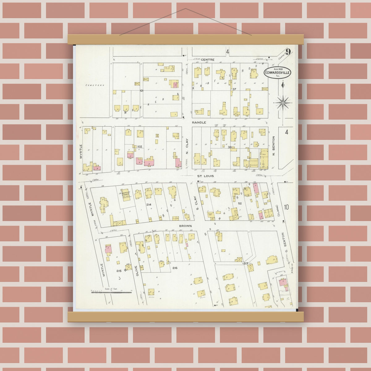 Old map wall art mockup — magnetic wood frame on brick wall — Sanborn Fire Insurance Map from Edwardsville, Madison County, Illinois (1909), Sheet #0009
