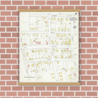 Old map wall art mockup — magnetic wood frame on brick wall — Sanborn Fire Insurance Map from Edwardsville, Madison County, Illinois (1909), Sheet #0009