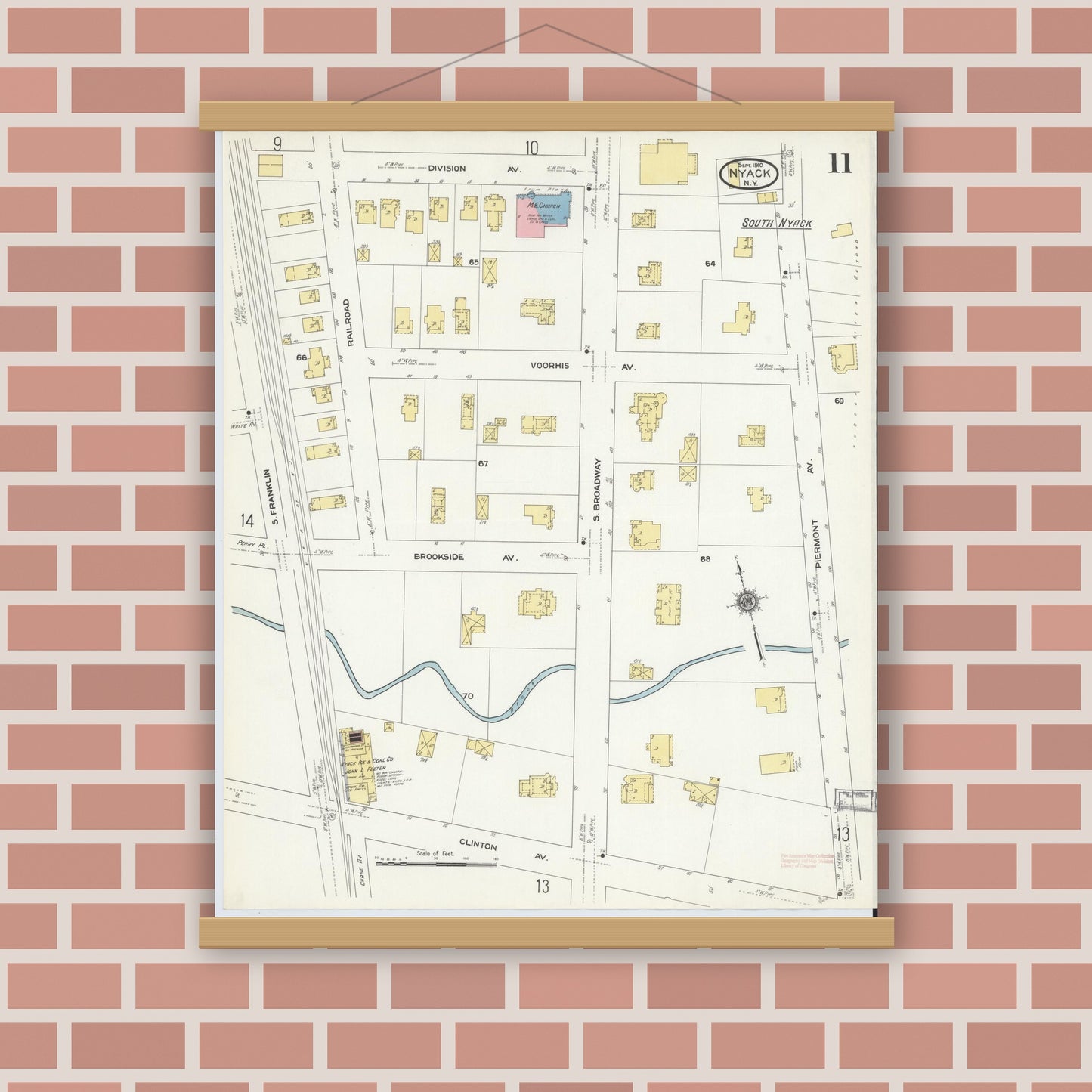 Old map wall art mockup — magnetic wood frame on brick wall — Sanborn Fire Insurance Map from Nyack, Rockland County, New York. (1910), Sheet #0011