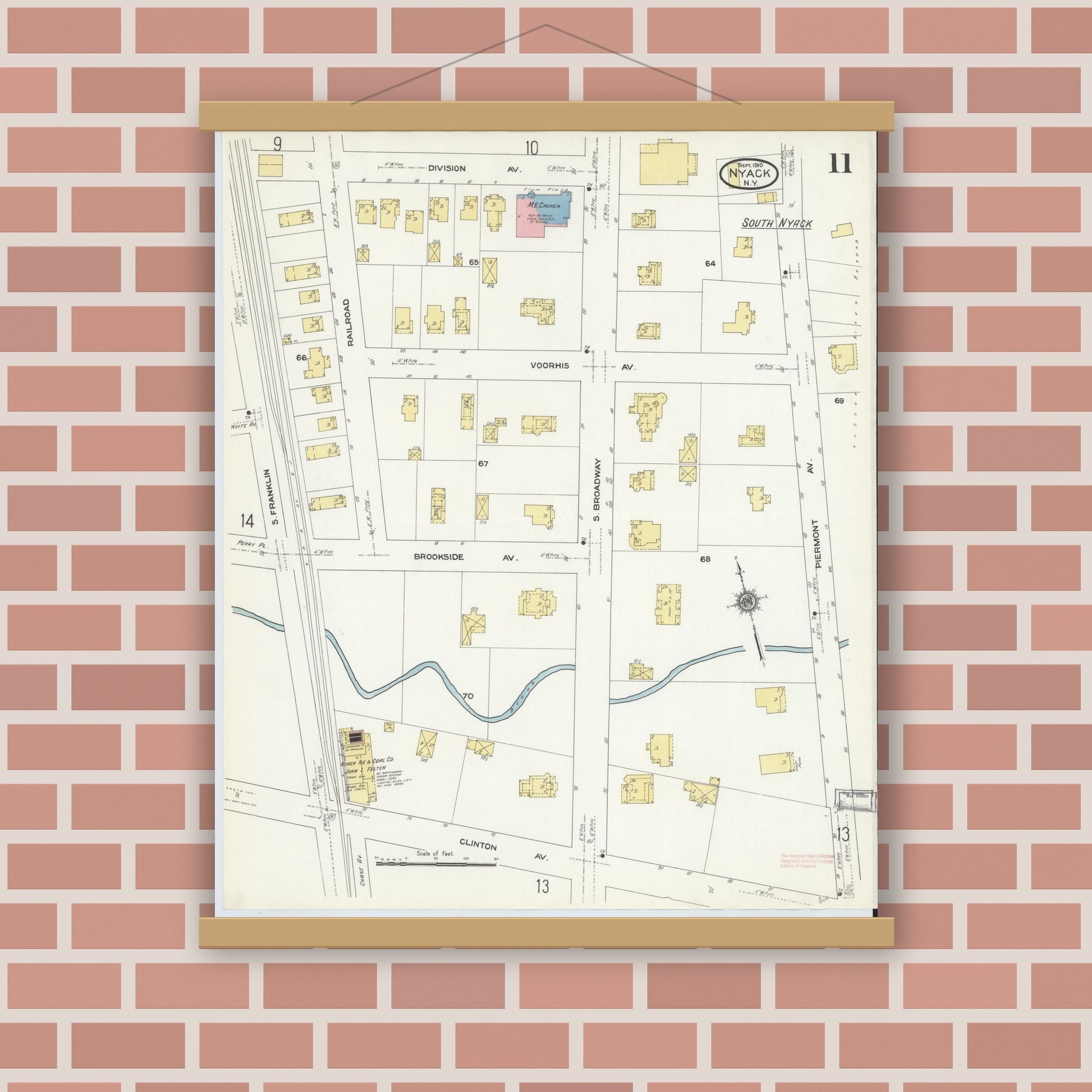 Old map wall art mockup — magnetic wood frame on brick wall — Sanborn Fire Insurance Map from Nyack, Rockland County, New York. (1910), Sheet #0011
