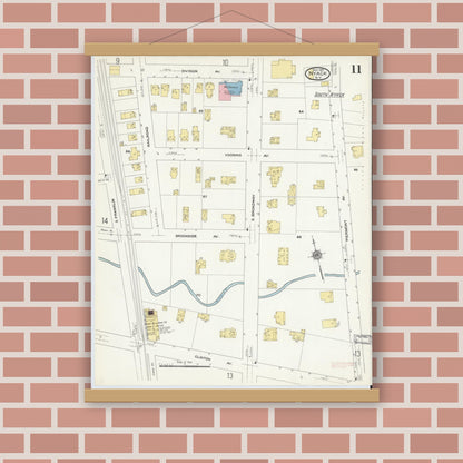 Old map wall art mockup — magnetic wood frame on brick wall — Sanborn Fire Insurance Map from Nyack, Rockland County, New York. (1910), Sheet #0011