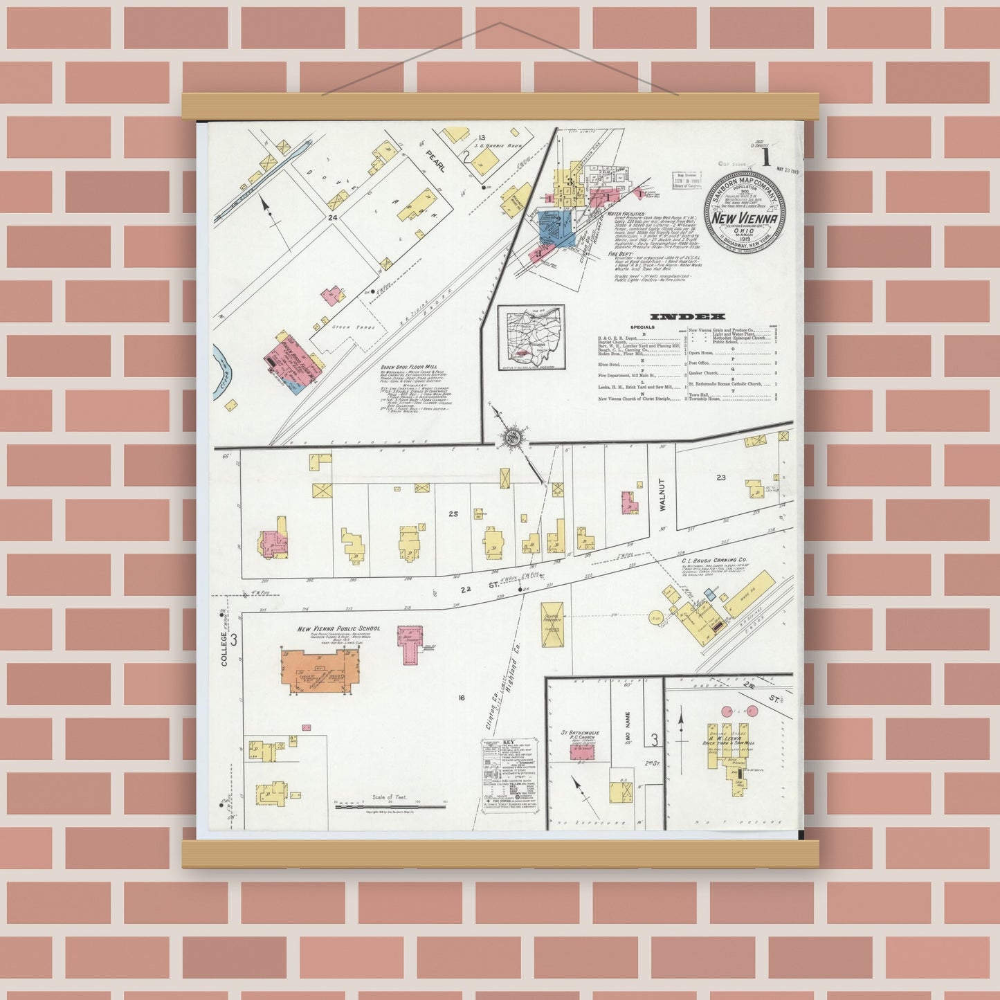 Old map wall art mockup — magnetic wood frame on brick wall — Sanborn Fire Insurance Map from New Vienna, Clinton County, Ohio (1919), Sheet #0001