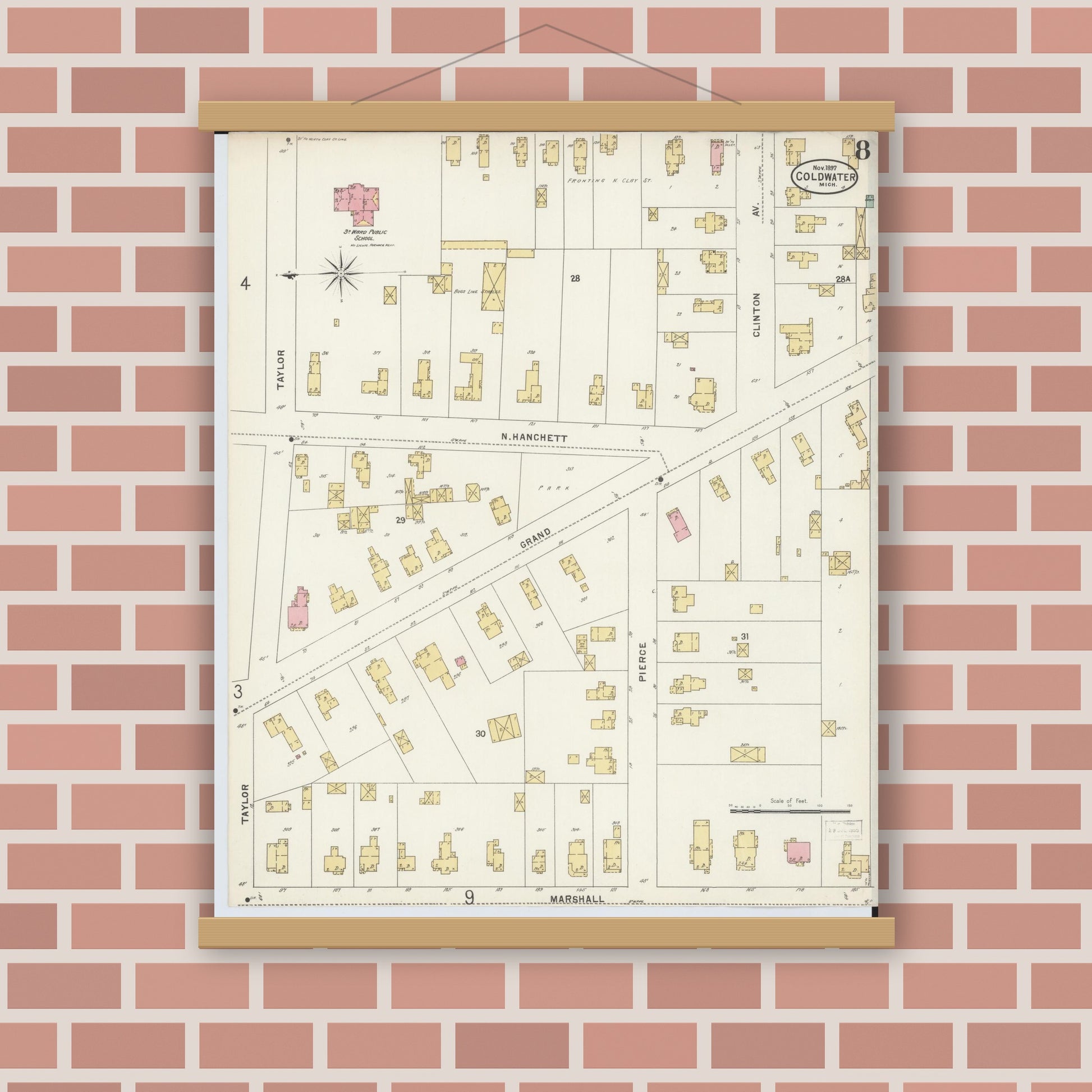 Old map wall art mockup — magnetic wood frame on brick wall — Sanborn Fire Insurance Map from Coldwater, Branch County, Michigan (1897), Sheet #0008