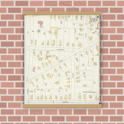 Old map wall art mockup — magnetic wood frame on brick wall — Sanborn Fire Insurance Map from Coldwater, Branch County, Michigan (1897), Sheet #0008