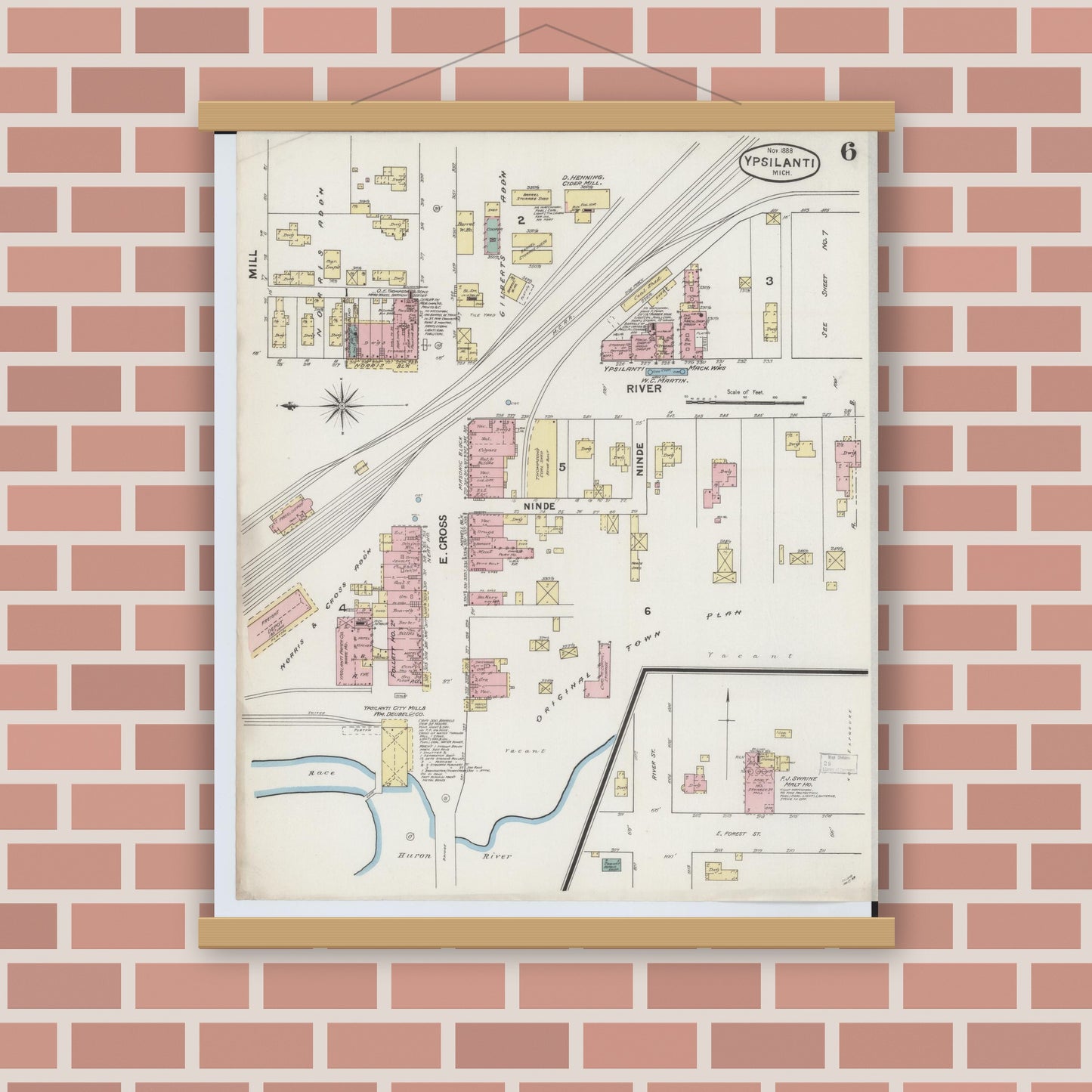 Old map wall art mockup — magnetic wood frame on brick wall — Sanborn Fire Insurance Map from Ypsilanti, Washtenaw County, Michigan (1888), Sheet #0006