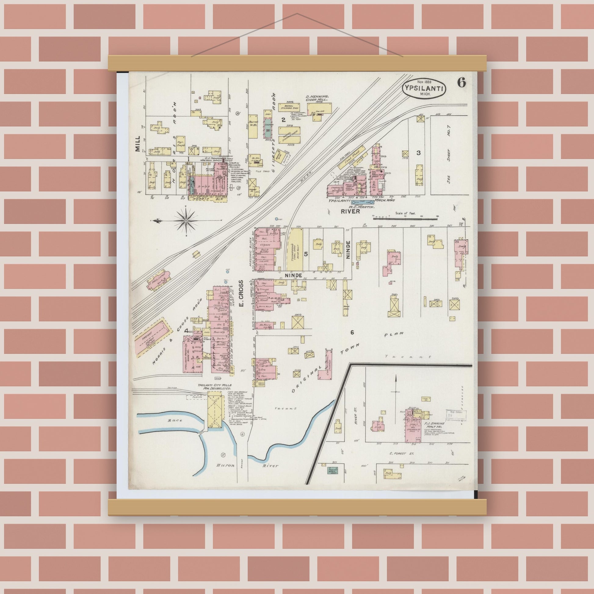 Old map wall art mockup — magnetic wood frame on brick wall — Sanborn Fire Insurance Map from Ypsilanti, Washtenaw County, Michigan (1888), Sheet #0006