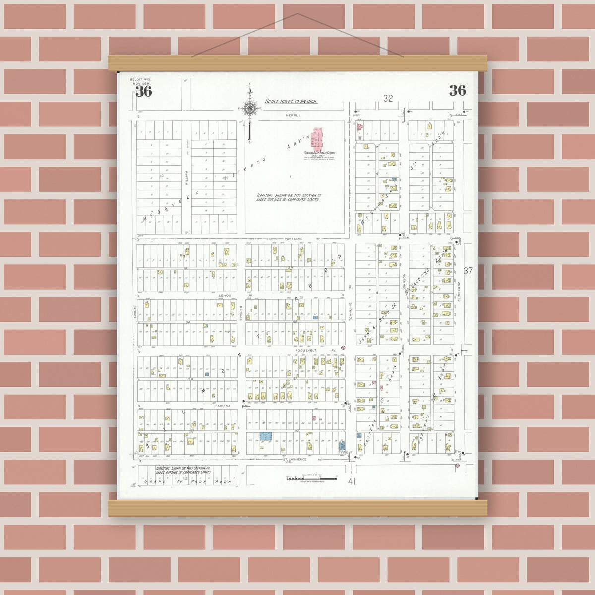 Old map wall art mockup — magnetic wood frame on brick wall — Sanborn Fire Insurance Map from Beloit, Rock County, Wisconsin (1939), Sheet #0036
