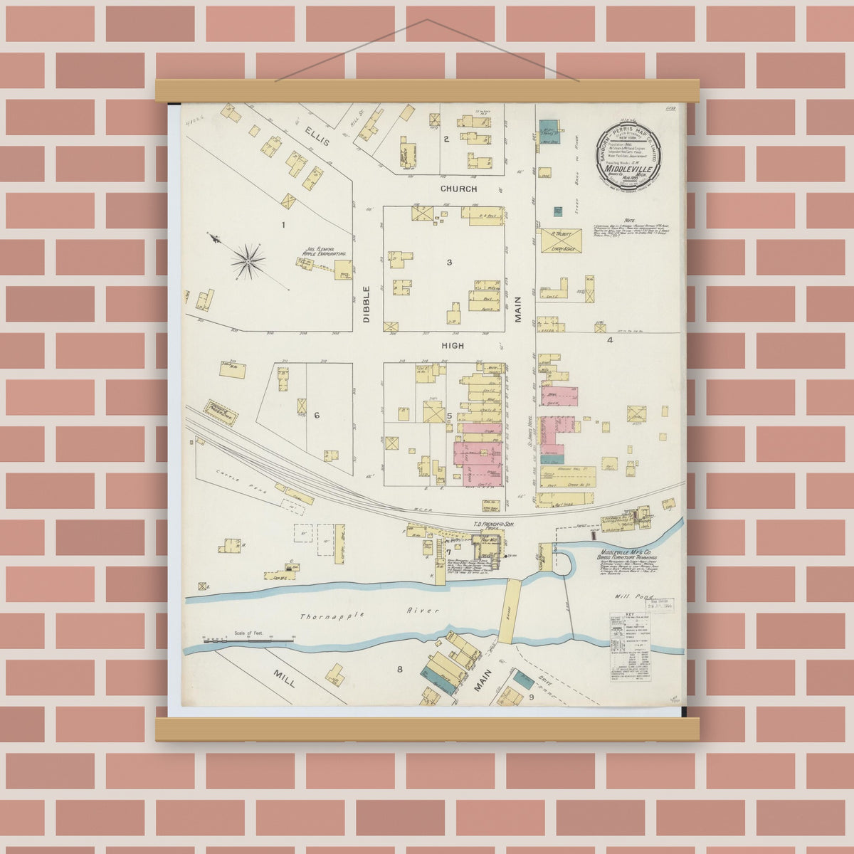 Old map wall art mockup — magnetic wood frame on brick wall — Sanborn Fire Insurance Map from Middleville, Barry County, Michigan (1893), Sheet #0001