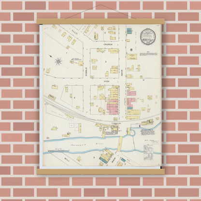Old map wall art mockup — magnetic wood frame on brick wall — Sanborn Fire Insurance Map from Middleville, Barry County, Michigan (1893), Sheet #0001