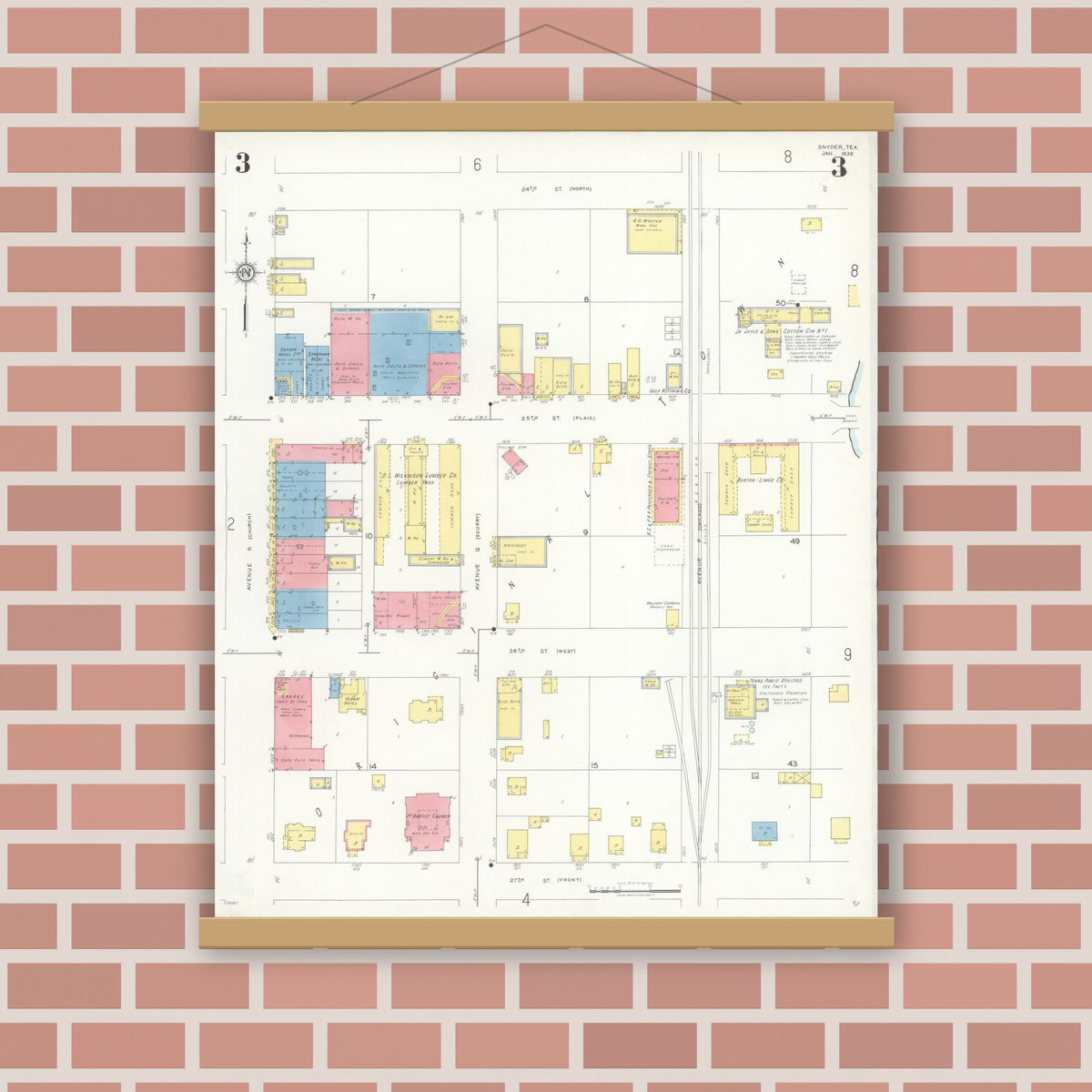 Old map wall art mockup — magnetic wood frame on brick wall — Sanborn Fire Insurance Map from Snyder, Scurry County, Texas (1936), Sheet #0003
