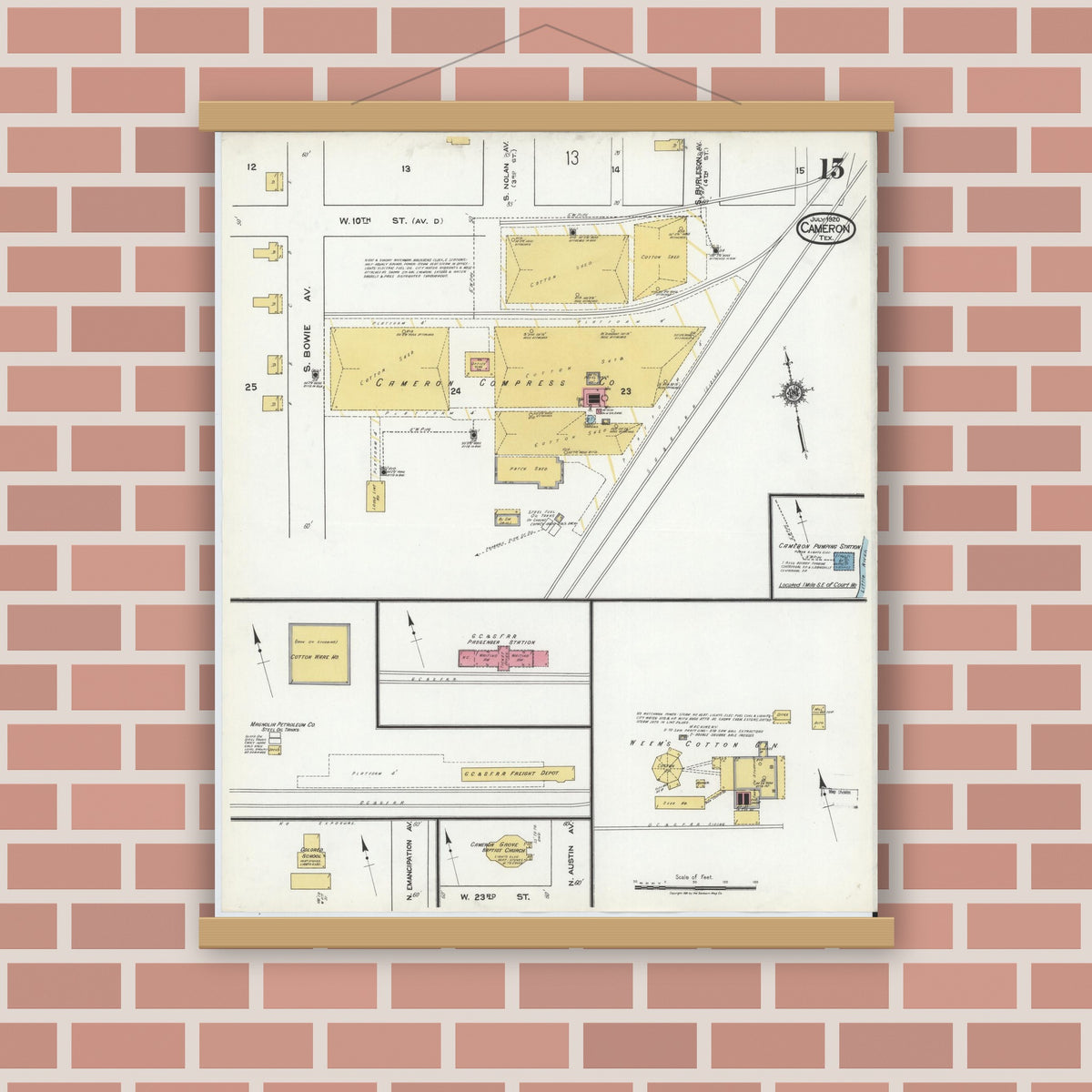 Old map wall art mockup — magnetic wood frame on brick wall — Sanborn Fire Insurance Map from Cameron, Milam County, Texas (1920), Sheet #0015