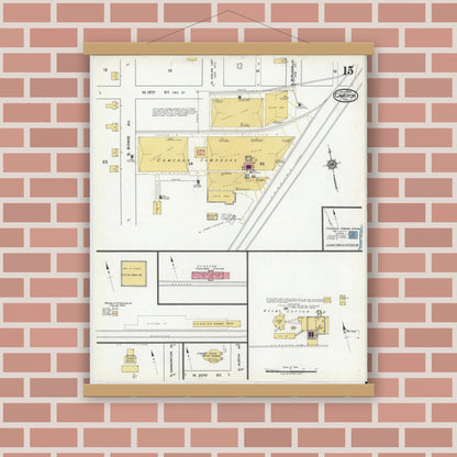 Old map wall art mockup — magnetic wood frame on brick wall — Sanborn Fire Insurance Map from Cameron, Milam County, Texas (1920), Sheet #0015
