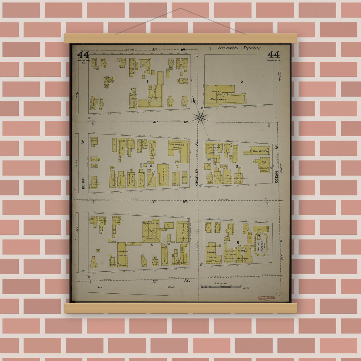Old map wall art mockup — magnetic wood frame on brick wall — Sanborn Fire Insurance Map from New Jersey Coast, New Jersey Coast, New Jersey (1890), Sheet #0044