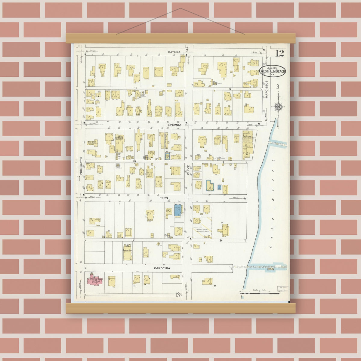 Old map wall art mockup — magnetic wood frame on brick wall — Sanborn Fire Insurance Map from West Palm Beach, Dade County, Florida (1915), Sheet #0012