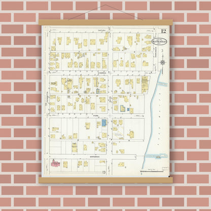 Old map wall art mockup — magnetic wood frame on brick wall — Sanborn Fire Insurance Map from West Palm Beach, Dade County, Florida (1915), Sheet #0012