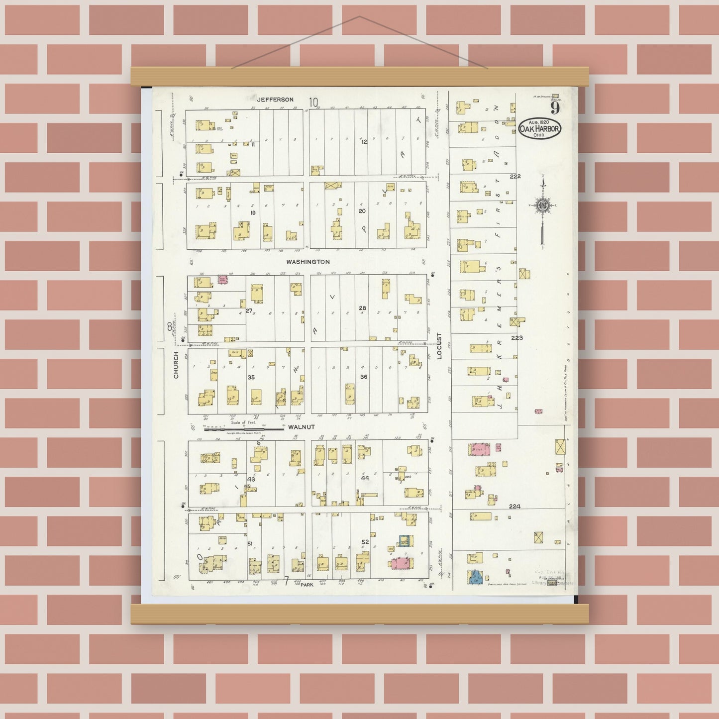 Old map wall art mockup — magnetic wood frame on brick wall — Sanborn Fire Insurance Map from Oak Harbor, Ottawa County, Ohio (1920), Sheet #0009