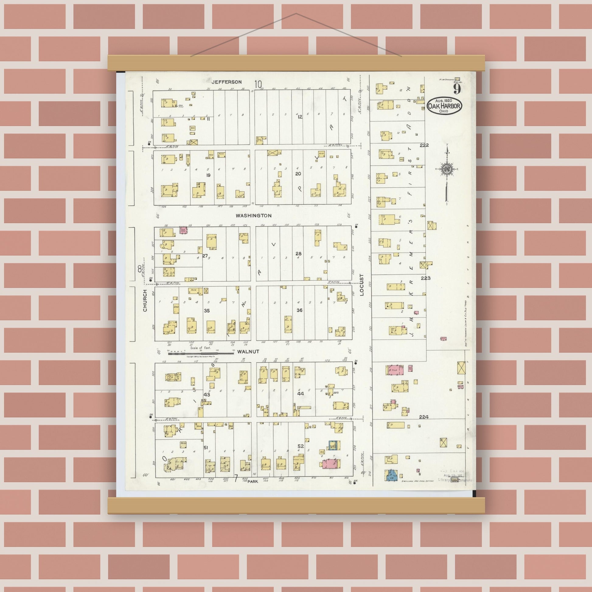Old map wall art mockup — magnetic wood frame on brick wall — Sanborn Fire Insurance Map from Oak Harbor, Ottawa County, Ohio (1920), Sheet #0009