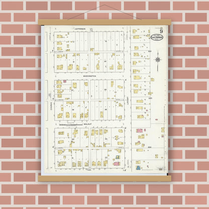 Old map wall art mockup — magnetic wood frame on brick wall — Sanborn Fire Insurance Map from Oak Harbor, Ottawa County, Ohio (1920), Sheet #0009