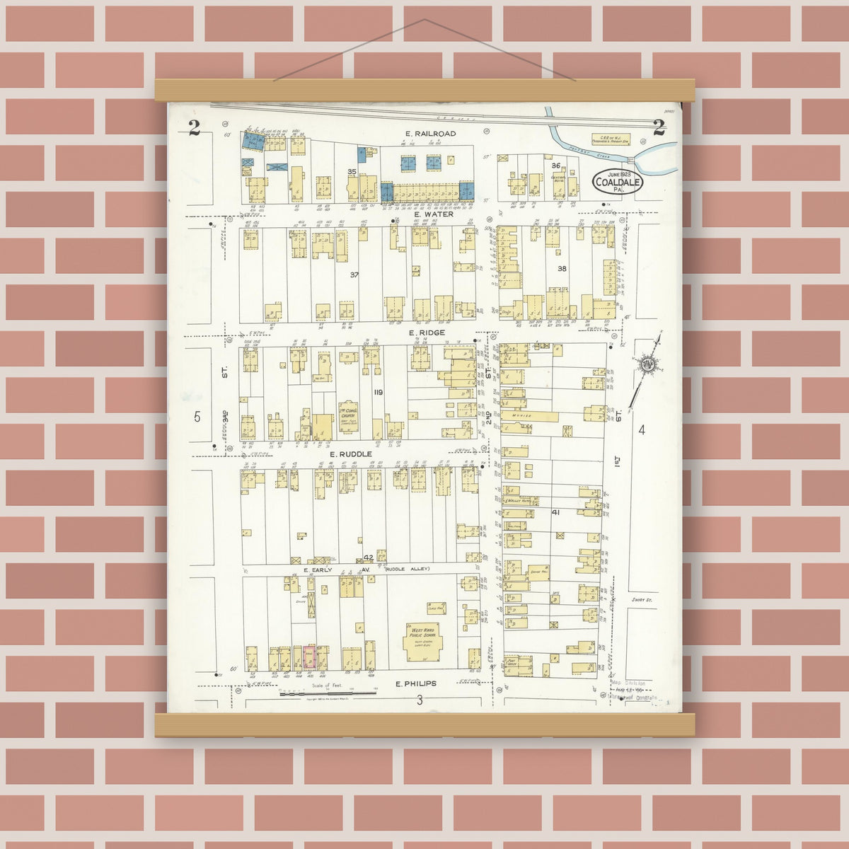 Old map wall art mockup — magnetic wood frame on brick wall — Sanborn Fire Insurance Map from Coaldale, Schuylkill County, Pennsylvania (1923), Sheet #0002