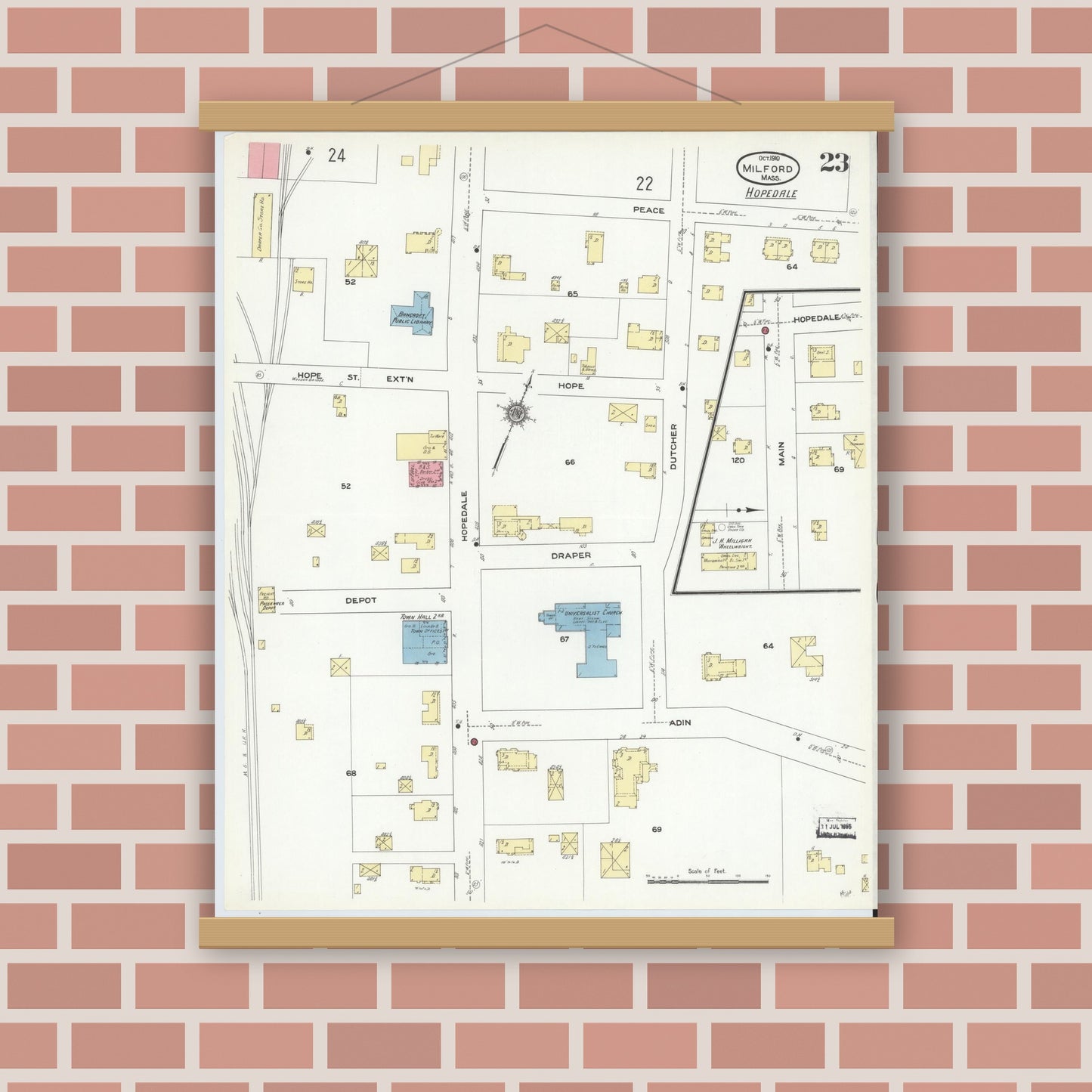 Old map wall art mockup — magnetic wood frame on brick wall — Sanborn Fire Insurance Map from Milford, Worcester County, Massachusetts (1910), Sheet #0023