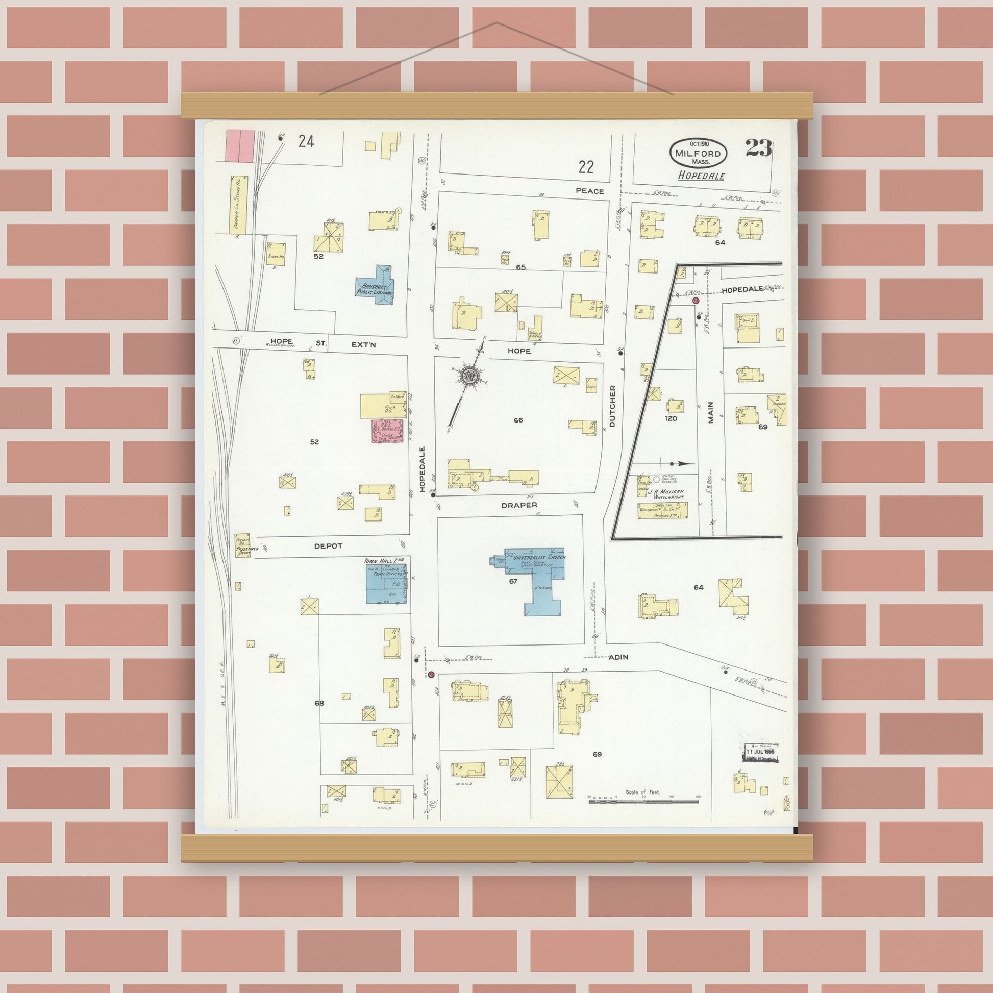 Old map wall art mockup — magnetic wood frame on brick wall — Sanborn Fire Insurance Map from Milford, Worcester County, Massachusetts (1910), Sheet #0023