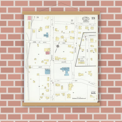 Old map wall art mockup — magnetic wood frame on brick wall — Sanborn Fire Insurance Map from Milford, Worcester County, Massachusetts (1910), Sheet #0023